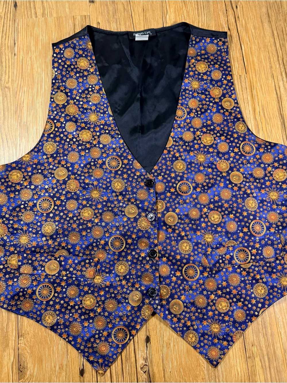 Robyn-Lyn Celestial Sun Moon Stars Vest L XL Blue Gold Whimsigoth Waistcoat